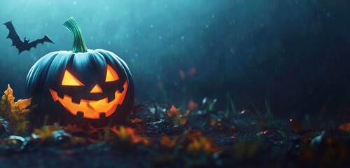 Fototapeta premium Spooky Halloween Jack-o'-lantern in a mystical forest setting.