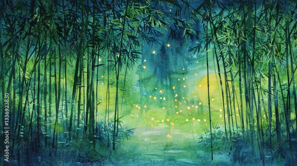 Poster a painting of a forest with a path through it