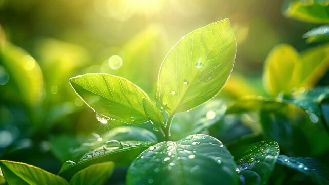 4k雨后阳光植物绿叶绿色树叶生态