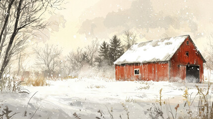 A red barn with snow on it sits in a snowy field