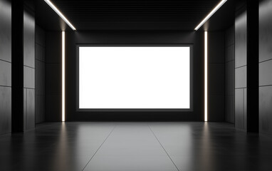 A large blank screen in a dark futuristic room with sleek black walls and LED lighting. The modern and high-tech scene is perfect for a mockup.