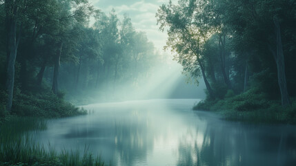 Fototapeta premium Foggy Lake Surrounded by Dense Forest, Mystical Early Morning Light