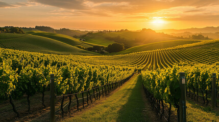 Fototapeta premium Lush Green Vineyard at Sunrise with Rolling Hills and Warm Golden Light