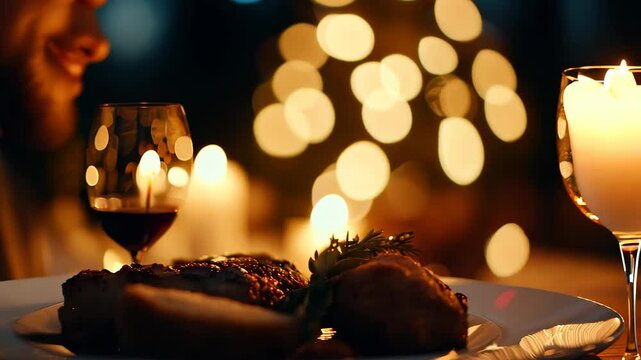 A beautifully arranged dinner setting with soft lights and gourmet dishes creates a romantic atmosphere perfect for intimate celebrations and special moments.