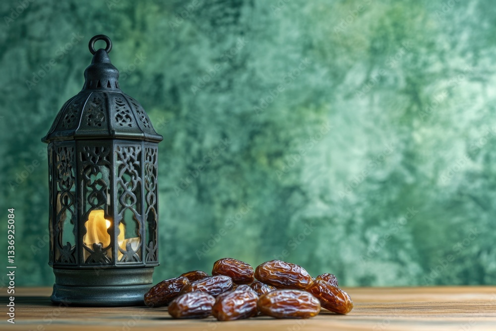 Aufkleber A close-up of a lantern sitting on a table with some dates visible