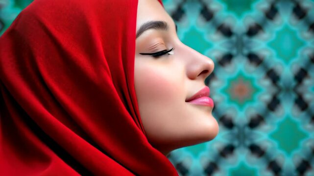 A beautiful woman wearing a red hijab poses gracefully against an artistic geometric background. Her serene expression captures cultural elegance and beauty.