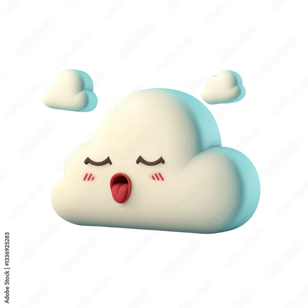 Poster whimsical cartoon cloud character with blushing cheeks and playful expression against a transparent 