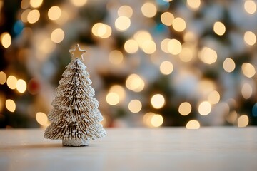 Miniature Snowy Christmas Tree Ornament on Table with Bokeh Lights Background