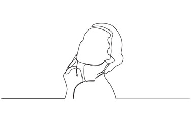 Continuous line drawing of beautiful woman touching her face, Continuous one line drawing of shocked young woman covering her face with hands. Vector illustration.