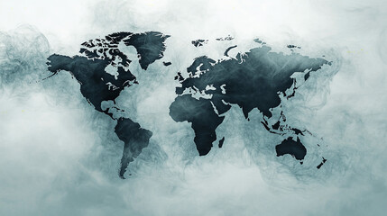 blue ink world map on white background, smokey fog watercolor atmosphere, global globe one world 2d illustration geography planet earth geographic illustration