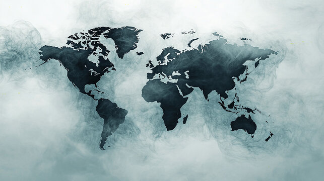 Fototapeta blue ink world map on white background, smokey fog watercolor atmosphere, global globe one world 2d illustration geography planet earth geographic illustration
