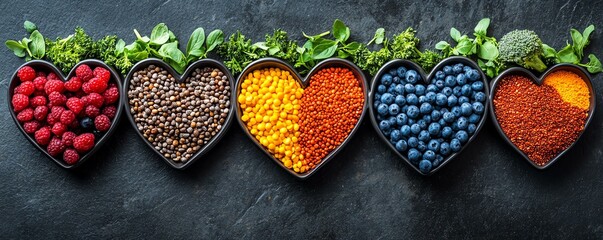 A vibrant arrangement of heart-shaped bowls filled with colorful berries and lentils, showcasing healthy eating and love for nutritious food.