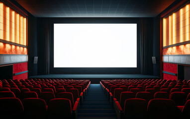 A luxurious cinema hall with a large blank movie screen and elegant ambient lighting. The immersive and modern scene is perfect for a mockup.