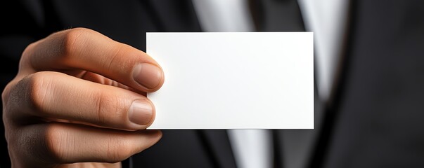 Obraz premium Elegant human hand presenting a blank business card, clean isolated white background, mockup design for business, crisp and clear, high resolution