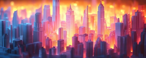 Fototapeta premium A vibrant cityscape featuring skyscrapers engulfed in flames, showcasing a dramatic and surreal evening sky in shades of orange and blue.