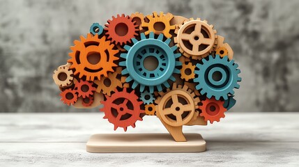 Human brain with colorful wooden gears connected in a dynamic flow, representing neurodiversity, individuality, and innovative problemsolving, vivid design, ultrasharp, 4K