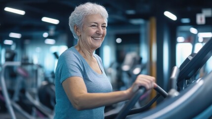 Obraz premium Elderly Person Smiling While Using Treadmill in Bright, Modern Gym for Health and Independence