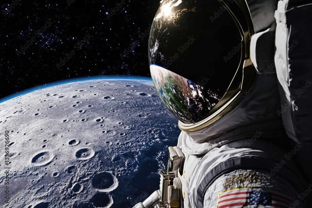 Aufkleber An astronaut in a spacesuit stands out against the vastness of the moon's surface