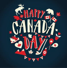 Happy Canada day illustration with flat symbols and hand drawn lettering