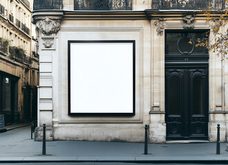 A large blank billboard on the facade of a historic European-style building. The elegant and urban scene is perfect for a mockup.