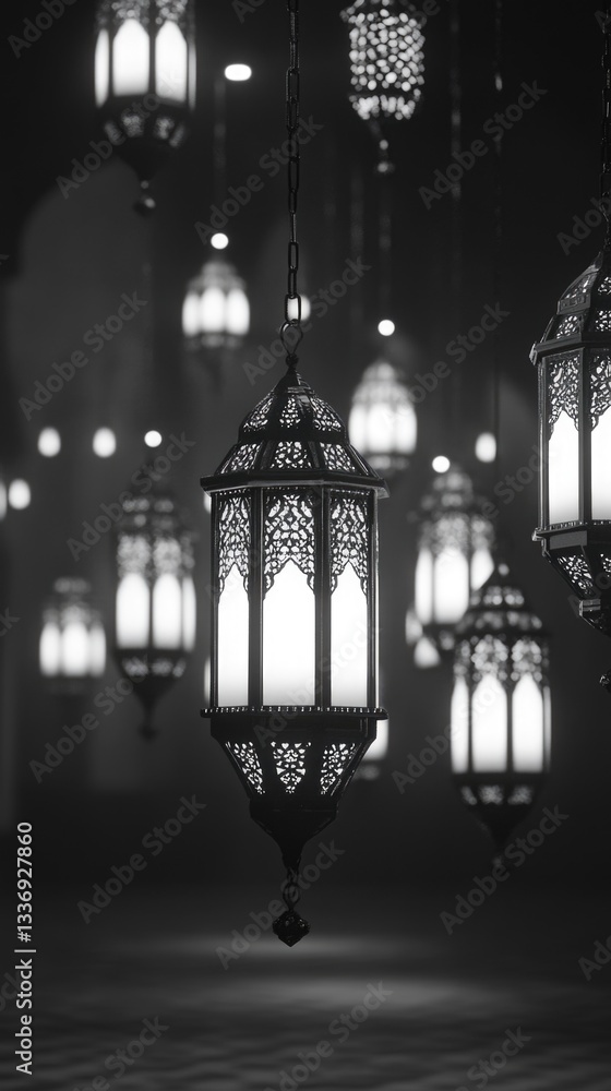 Poster black and white photo of multiple hanging lanterns, suitable for use in decorative or cultural setti