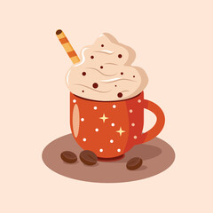 A cup of hot coffee Latte with coffee beans to warm up in the fall or winter