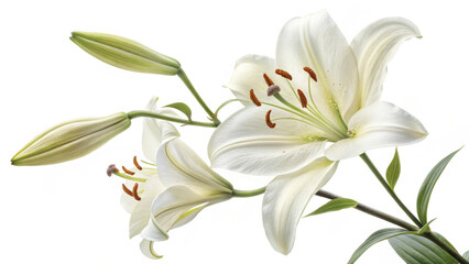 Fototapeta premium delicate white lily with intricate details showcases its elegant petals and vibrant stamens, creating serene and calming atmosphere. flower beauty is enhanced by its graceful buds, symbolizing