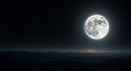 Majestic Full Moon Over Dark Mountain Range Night Landscape