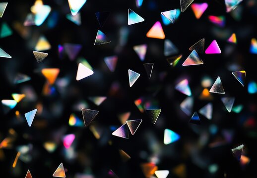 A mesmerizing abstract digital artwork featuring holographic triangles suspended in dark space, reflecting vibrant multicolored light in motion.  
