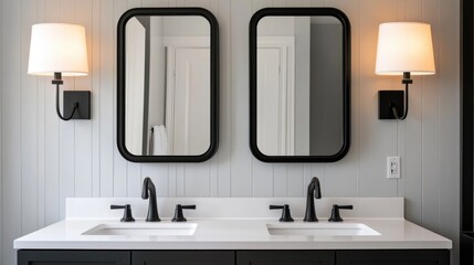 A modern bathroom with two sinks and two mirrors