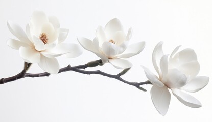 Obraz premium Delicate magnolia blossoms on a branch. Soft, elegant white flowers against a bright background. A minimalist botanical still life