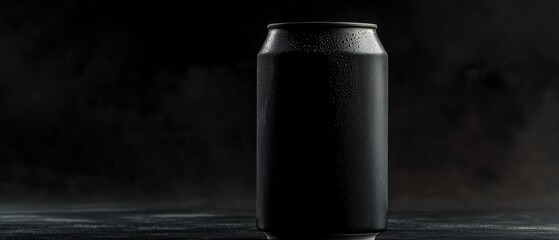 Black can on dark surface, moody backdrop