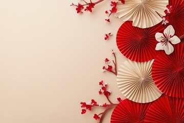 Obraz premium Elegant Red and Beige Paper Fans with Cherry Blossoms Asian Festive Design