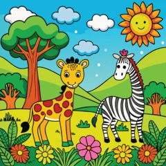 Fototapete Rund giraffe in the jungle a vibrant safari scene with bold lovely colors. © MSTRABEA