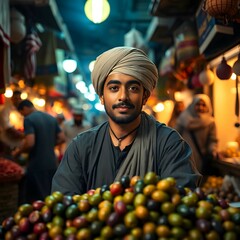 Fototapeta premium Traditional middle eastern market vendor selling fresh fruits