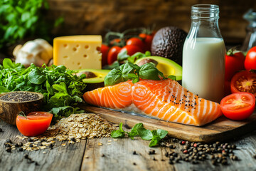 Healthy food choices on wooden floor. Detox and clean eating concept. Foods high in vitamins, minerals and antioxidants. Anti-aging foods.