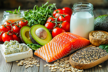 Healthy food choices on wooden floor. Detox and clean eating concept. Foods high in vitamins, minerals and antioxidants. Anti-aging foods.