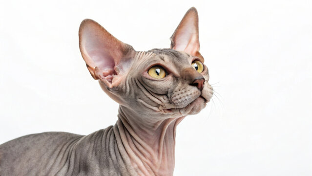 sphynx cat with wrinkled, hairless skin and large ears gazes curiously. Its unique appearance and expressive eyes make it captivating subject for pet lovers and photographers alike