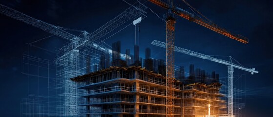 Night Construction Site with Architectural Design Overlay