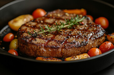 A plate of food with a piece of steak and tomatoes.