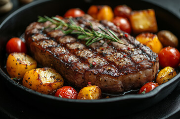 Steak placed on a black plate, on a wooden surface.
