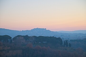 Sunrise and Fog Umbria Tuscany Italy January