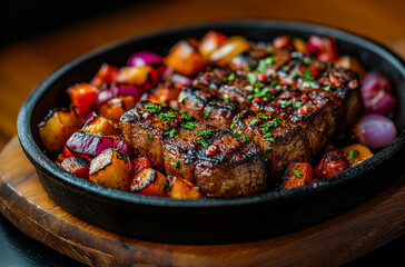 Steak placed on a black plate, on a wooden surface.