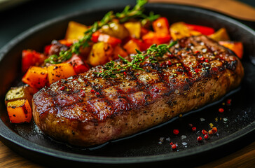 Steak placed on a black plate, on a wooden surface.