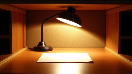 minimalist desk scene with a solitary A4 paper illuminated by a desk lamp, evoking a peaceful and productive mood. A4 paper, soft desk lamp, focused lighting, warm glow, empty paper, minimalist 
