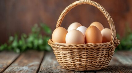 A basket of fresh eggs on a rustic wooden surface surrounded by greenery.