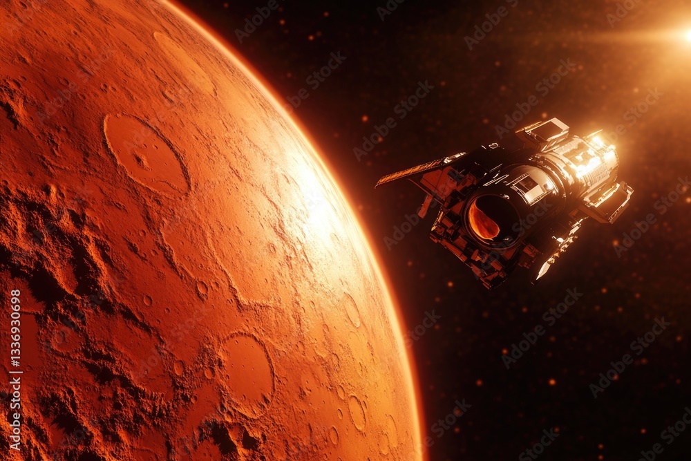 Poster a futuristic space station orbits above the surface of a vibrant red planet, with rocky terrain and 