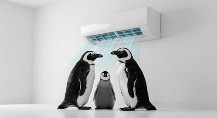 Three penguins finding relief from the heat by standing under a wall-mounted air conditioner unit in a minimalist white room.