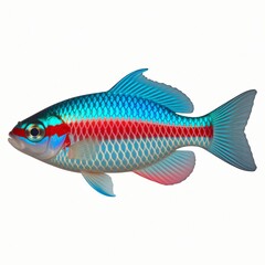 Fototapeta premium Vibrant Blue Fish with Prominent Red Stripe and Diamond-Like Scales on a White Background..