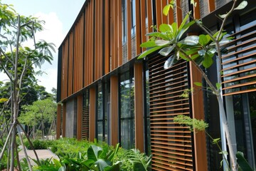 Ultra Quality Image of Sustainable Office Building with Vertical Wood Louvers